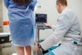 Doctor ultrasound knee test. Scan medical equipment. Diagnosis ultrasound foot.