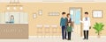 Doctor in uniform and family of patients in private clinic office. Vector illustration