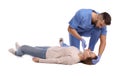 Doctor in uniform performing first aid on unconscious woman against white background