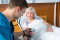 Doctor in uniform with phonendoscope on his neck is measuring th