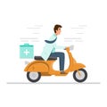 doctor in uniform riding motorcycle with medical first aid kit