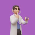 Doctor uses stethoscope and thinks. Man in white coat listens to lungs, heart Royalty Free Stock Photo