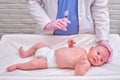 The doctor uses a syringe to inject a newborn child. A nurse in uniform is preparing to vaccinate a child Royalty Free Stock Photo