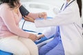 The doctor is using a blood pressure monitor on an elderly patient to check whether the blood pressure is abnormally high or not