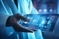 Doctor using a device to read data from a chip implant, monitoring the patient& x27;s health parameters. Generative AI
