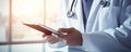 Doctor using digital tablet in hospital rooms. digital healthcare and medicine review. banner