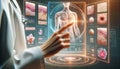 doctor using high tech diagnostic panel hologram human body. Modern medical science in the future Royalty Free Stock Photo