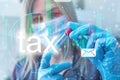 Doctor using innovative virtual touchscreen presses tax button healthcare network on internet panel medicine
