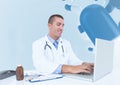 Doctor using laptop against medical background Royalty Free Stock Photo