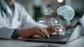 Doctor using laptop with holographic artificial intelligence brain interface for medical data analysis on white background Royalty Free Stock Photo