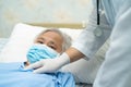 Doctor using stethoscope to checking Asian senior or elderly old lady woman patient wearing a face mask in hospital for protect Royalty Free Stock Photo