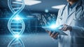 Doctor Using Tablet with Holographic DNA and Medical Data Royalty Free Stock Photo