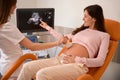 Doctor using ultrasound equipment for examining pregnant woman Royalty Free Stock Photo