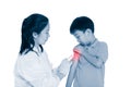 Doctor vaccinating boy`s arm. Asian boy worry about vaccine syri Royalty Free Stock Photo