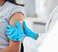 Doctor, vaccine and patient arm, plaster and medical healthcare for flu shot, hpv and covid 19 risk in clinic hospital