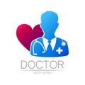 Doctor vector logotype in blue and violet color. Silhouette medical surgeon cardiologist man. Logo for clinic, hospital