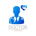 Doctor vector logotype with heart and hand in blue color. Silhouette medical cardiologist man. Logo for clinic, hospital