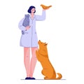 Doctor veterinarian with animals cat dog bird. Vector illustration in flat. Isolated on a white.