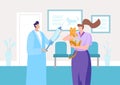 Doctor veterinarian hold syringe medicine, woman pet patient cat, reception vet medical clinic flat vector illustration