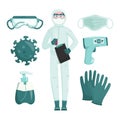 Doctor virologist in a protective suit is fighting an epidemic and a pandemic. Set with medical equipment.