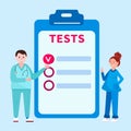 Doctor virologists analyze tests result. Concept of medical diagnostic with Physician and nurse. Test list for