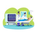 Doctor visiting patient vector. Doctors visiting patient lying on hospital bed illustration concept, medical doctors visiting pat