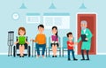 Doctor waiting room. Patients wait doctors and medical help on chairs in hospital. Patient at busy clinic hall vector illustration