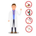 Doctor warns about bad habits. Doctor forbids bad habits. Stop bad habits. stop signs drinking alcohol, smoking, overeating, drugs