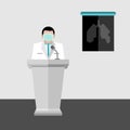 A doctor wear hygienic green mask stand on the podium to show the damage lung x-ray film in the meeting room