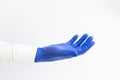 Doctor wearing blue latex Glove. Opened hand