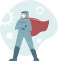 Doctor wearing full protective gear in superhero cape flat vector concept for coronavirus outbreak Royalty Free Stock Photo