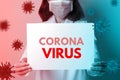 Doctor wearing mask covering mouth and nose and hand holding label text corona virus Royalty Free Stock Photo