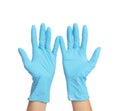 Doctor wearing medical gloves on white background, closeup Royalty Free Stock Photo