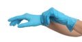 Doctor wearing medical gloves on white background, closeup Royalty Free Stock Photo