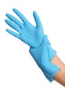 Doctor wearing medical gloves on white background, closeup Royalty Free Stock Photo