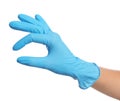 Doctor wearing medical gloves on white background, closeup Royalty Free Stock Photo