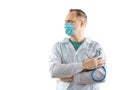 Doctor Wearing Medical Mask Isolated. Portrait of tired brooding doctor on white background. Doctor wearing face mask looking out