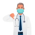 Doctor is wearing a protective mask and shows a dislike. The head physician is a therapist in a white coat with a stethoscope. A