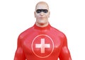 Doctor wearing superhero mask and red costume. Protection concept against viruses and diseases and superhero power for medicine