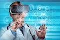 Doctor wearing virtual reality glasses in virtual interactive menu to checking a remote medical consultation. Virtual medicine