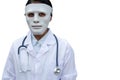 The doctor is wearing a white plastic mask To conceal the face. Concept of criminals in the form of a doctor