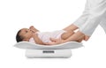 Doctor weighting African-American baby on scales