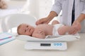 Doctor weighting cute baby in clinic. Health care