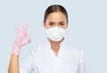 A doctor in a white coat, a mask on his face and rubber pink gloves. Medical concept, Covid-19. The doctor shows the ok