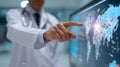 Doctor white coat pointing digital world map transparent touchscreen displaying global data and network visualization, confident Royalty Free Stock Photo