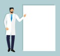 Doctor in a white coat shows his finger on a blank sheet. doctor and place for your text