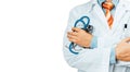 Doctor In White Coat With A Stethoscope Crosses His Arms Over His Chest Copy-space. Healthcare Medicine Concept Royalty Free Stock Photo