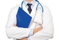 The doctor in a white coat with a stethoscope holding a blue fol