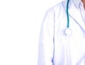 Doctor in white coat with stethoscope on white background for he