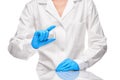 Doctor in white gown and blue gloves holding glass ampoule Royalty Free Stock Photo